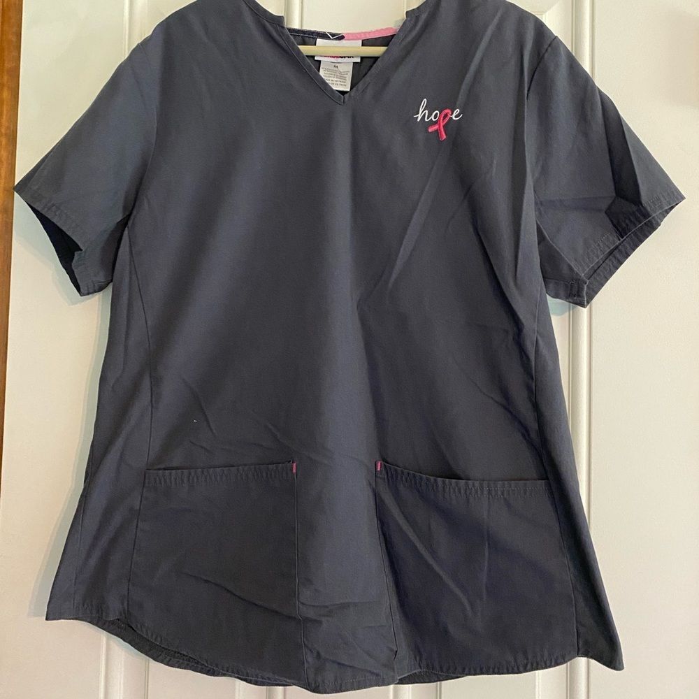 Scrub Star Gray Uniform Top with breast Cancer Symbol size M